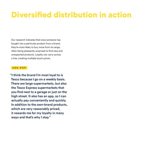 Diversified distribution in action
Our research indicates that once someone has
bought into a particular product from a brand,
they’re more likely to buy more from its range,
often being pleasantly surprised to find new and
unexpected products. Loyalty can carry across
a line, creating multiple touch points.
“I think the brand I’m most loyal to is
Tesco because I go on a weekly basis.
There are large supermarkets, but also
the Tesco Express supermarkets that
you find next to a garage or just on the
high street. It also has an app, so I can
actually pay conveniently and quickly.
In addition to the own-brand products,
which are very reasonably priced,
it rewards me for my loyalty in many
ways and that’s why I stay.”
V O X P O P
 