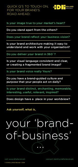 QUICK Q’S TO TOUCH ON,
FOR YOUR BRAND’S
ROAD AHEAD:
visit: www.idholland.com
© IDHOLLAND Brands* 2014
connect: identity@idholland.com
Is your image true to your market’s heart?
Do you stand apart from the others?
Does your brand reflect your business vision?
Is your brand architecture making it easy to
understand and work with your organisation?
Do you deliver your brand in 360˚?
Is your visual language consistent and clear,
or creating a fragmented brand image?
Is your brand voice really Yours?
Do you have a brand-guided culture and
purpose that your people act on daily?
Is your brand distinct, enchanting, memorable,
interesting, useful, relevant, inspired?
Does design have a place in your worldview?
Ask yourself, what is,
your ‘brand-
of-business’
...
 
