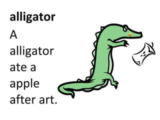 alligator A alligator ate a apple after art.