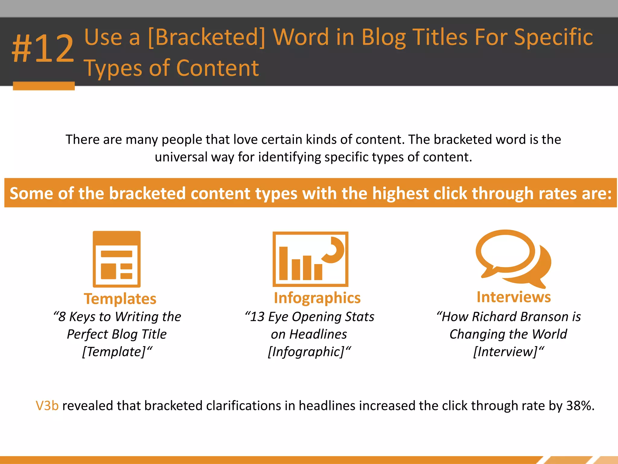 #12 Use a [Bracketed] Word in Blog Titles For Specific
Types of Content
There are many people that love certain kinds of content. The bracketed word is the
universal way for identifying specific types of content.
V3b revealed that bracketed clarifications in headlines increased the click through rate by 38%.
Some of the bracketed content types with the highest click through rates are:
“8 Keys to Writing the
Perfect Blog Title
[Template]“
“13 Eye Opening Stats
on Headlines
[Infographic]“
“How Richard Branson is
Changing the World
[Interview]“
Templates Infographics Interviews
 