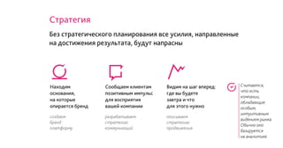 Без стратегического планирования все усилия, направленные
на достижения результата, будут напрасны
Стратегия
Видим на шаг вперед:
где вы будете
завтра и что
для этого нужно
Находим
основания,
на которые
опирается бренд
Сообщаем клиентам
позитивным импульс
для восприятия
вашей компании
описываем
стратегию
продвижения
создаем
бренд
платформу
разрабатываем
стратегию
коммуникаций
Считается,
что есть
компании,
обладающие
особым,
интуитивным
видением рынка.
Обычно оно
базируется
на аналитике.
 
