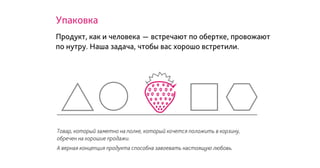 Упаковка
Продукт, как и человека - встречают по обертке, провожают
по нутру. Наша задача, чтобы вас хорошо встретили.
Товар, который заметно на полке, который хочется положить в корзину,
обречен на хорошие продажи.
А верная концепция продукта способна завоевать настоящую любовь.
 