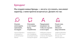 Мы создаем живые бренды - им есть что сказать, они имеют
характер, с ними приятно встречаться. Делаем это так:
Брендинг
подбираем название
с учетом фонетики
и смысла, тестируем,
регистрируем
графика работает,
если за ней стоит
больше, чем
просто красота
Придумываем
называние так,
чтобы оно звучало
и несло идею
хороший брендинг
основывается
на объективных
данных
коммуникация -
это платформа,
на которой можно
построить бренд
Изучаем,
анализируем,
сравниваем,
исследуем
Описываем,
о чем говорит
бренд
потребителю
Рисуем знак,
который
обозначит
вашу компанию
 