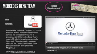MERCEDES BENZ TEAM                                  133.000
                                                Visualizzazioni!




 BRAND:

 PIATTAFORMA:


  In vista delle prossime Olimpiadi di Londra
  Brandon Box ha realizzato delle candid
  camera per Mercedes Benz, per la
  precisione per il Mercedes Benz Team,
  ovvero 10 atleti che parteciperanno alle
  Olimpiadi. Oltre alle candid vengono
  realizzati dei Crowd Flash aventi come
  protagonisti i vari atleti (Pennetta,
  Magnini...)                                   Distribuzione: Maggio 2012 - Ottobre 2012
                                                Puntate: 10
  LINK: http://youtu.be/9TGeq8tazC8
 