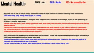 Mental Health:
Idea 1: Silent video (no audio, no sound, no talking) - communication between two people / actor and the audience is done through written communication:
(Social Media, Writing, Typing, Drawing, Holding up paper, D.I.Y Crafting)
Idea 2: Monster/other person vs Mental Health - showing that dealing with personal mental health issues can be challenging, but once you build up the courage you
can defeat it or at least be able to control it
(Character always being beaten in games, receiving bigger portions of food, getting higher grades, more likes on pictures etc and it’s making the character feels really
depressed/lonely/sad…
Eventually there’s some form of competition/content/challenge where the Monster/other person thinks they are going to win, but they mess up a performance or a
song, and the character goes on to win. They’ve battled the first challenge against mental health (and there are other monsters/people in the background ready to
battle against the main character with the character saying ‘Bring it on’!)
Idea 3: Always helping other people and putting themselves second. Light bulb moment is activated when they see someone being bullied/struggling with something at
school/college/University and not focusing on their own mental health.
(Introduction of video could be a variety of people curling up into balls/crying/sitting unhappily in their rooms...Quick shots of them helping other people and the
transition of them finding themselves and being in a better place;
They could all open a letter with the sentence ‘Mental health is important and there is help. The first step is to speak up. I did’)
BLACK - Idea BLUE - Details RED - Not planned further
 