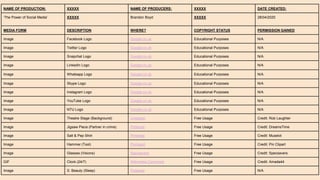 NAME OF PRODUCTION: XXXXX NAME OF PRODUCERS: XXXXX DATE CREATED:
‘The Power of Social Media’ XXXXX Brandon Boyd XXXXX 28/04/2020
MEDIA FORM DESCRIPTION WHERE? COPYRIGHT STATUS PERMISSION GAINED
Image Facebook Logo Google.co.uk Educational Purposes N/A
Image Twitter Logo Google.co.uk Educational Purposes N/A
Image Snapchat Logo Google.co.uk Educational Purposes N/A
Image LinkedIn Logo Google.co.uk Educational Purposes N/A
Image Whatsapp Logo Google.co.uk Educational Purposes N/A
Image Skype Logo Google.co.uk Educational Purposes N/A
Image Instagram Logo Google.co.uk Educational Purposes N/A
Image YouTube Logo Google.co.uk Educational Purposes N/A
Image NTU Logo Google.co.uk Educational Purposes N/A
Image Theatre Stage (Background) Unsplash Free Usage Credit: Rob Laughter
Image Jigsaw Piece (Partner in crime) Pinterest Free Usage Credit: DreamsTime
Image Salt & Pep Shirt Pinterest Free Usage Credit: Muselot
Image Hammer (Tool) Pinclipart Free Usage Credit: Pin Clipart
Image Glasses (Visions) Specsavers Free Usage Credit: Specsavers
GIF Clock (24/7) Wikimedia Commons Free Usage Credit: Amada44
Image S. Beauty (Sleep) Pinterest Free Usage N/A
 