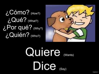 ¿Cómo? (How?)
¿Qué? (What?)
¿Por qué? (Why?)
¿Quién? (Who?)
Quiere (Wants)
Dice (Say)
Capitulo 2
 