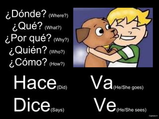 ¿Dónde? (Where?)
¿Qué? (What?)
¿Por qué? (Why?)
¿Quién? (Who?)
¿Cómo? (How?)
Hace(Did) Va(He/She goes)
Dice(Says) Ve(He/She sees)
Capitulo 4
 