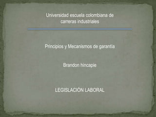 Universidad escuela colombiana de
carreras industriales
Principios y Mecanismos de garantía
Brandon hincapie
LEGISLACIÓN LABORAL
 
