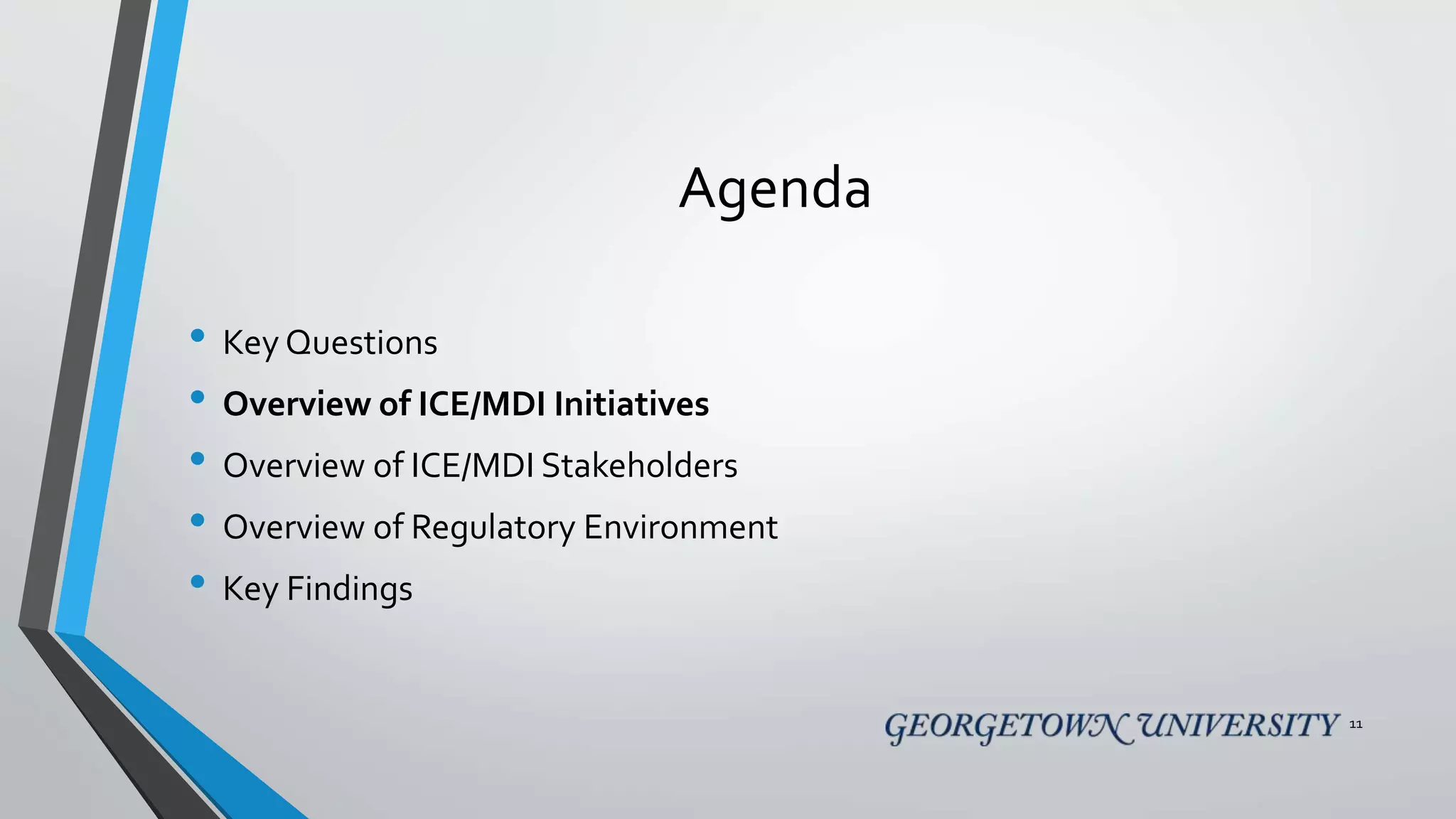 Agenda
• Key Questions
• Overview of ICE/MDI Initiatives
• Overview of ICE/MDI Stakeholders
• Overview of Regulatory Environment
• Key Findings
11
 