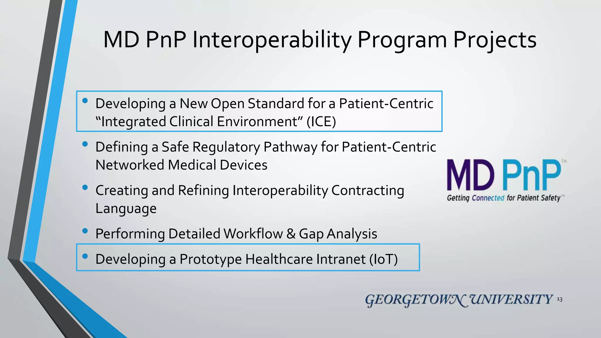 MD PnP Interoperability Program Projects
• Developing a New Open Standard for a Patient-Centric
“Integrated Clinical Environment” (ICE)
• Defining a Safe Regulatory Pathway for Patient-Centric
Networked Medical Devices
• Creating and Refining Interoperability Contracting
Language
• Performing Detailed Workflow & Gap Analysis
• Developing a Prototype Healthcare Intranet (IoT)
13
 