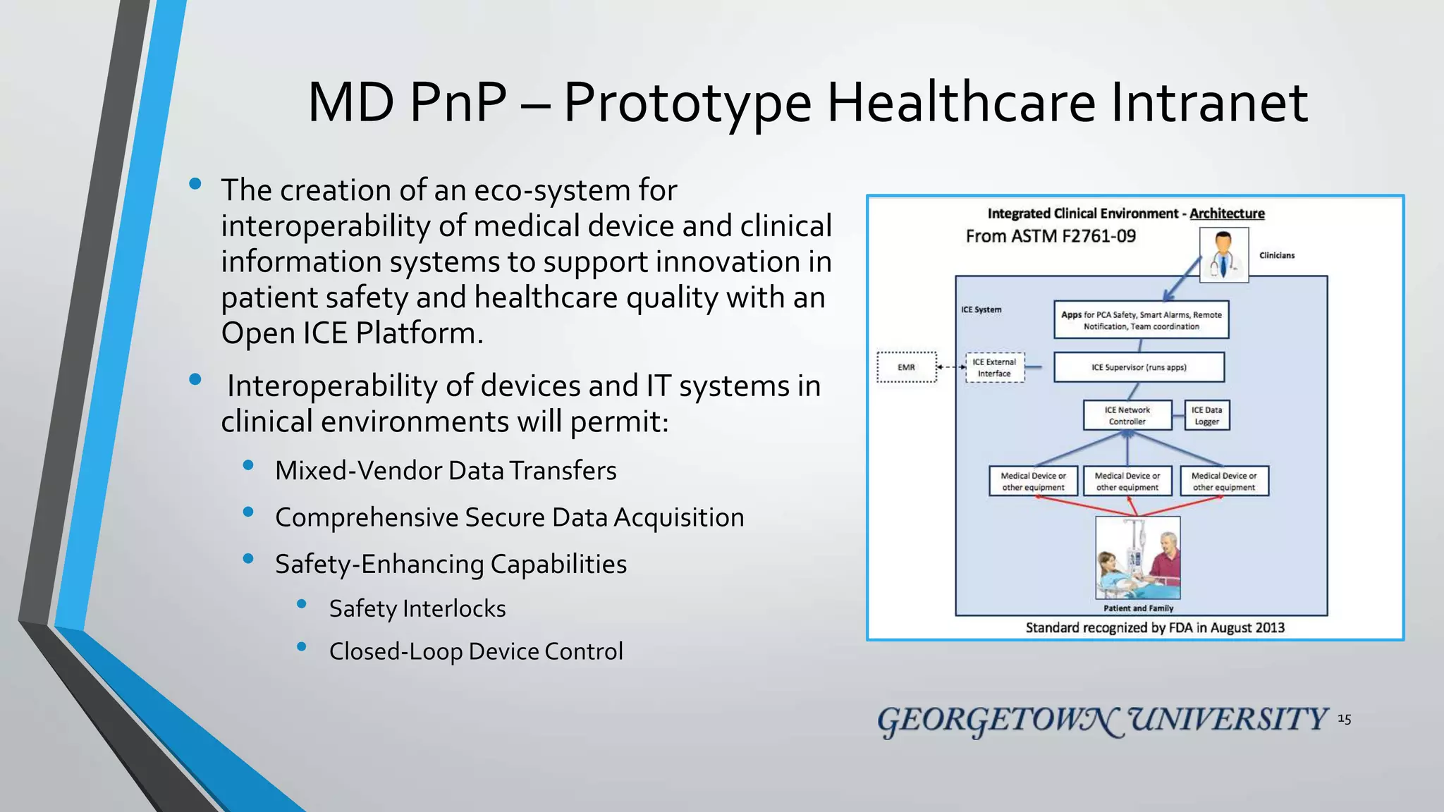 MD PnP – Prototype Healthcare Intranet
• The creation of an eco-system for
interoperability of medical device and clinical
information systems to support innovation in
patient safety and healthcare quality with an
Open ICE Platform.
• Interoperability of devices and IT systems in
clinical environments will permit:
• Mixed-Vendor DataTransfers
• Comprehensive Secure Data Acquisition
• Safety-Enhancing Capabilities
• Safety Interlocks
• Closed-Loop Device Control
15
 
