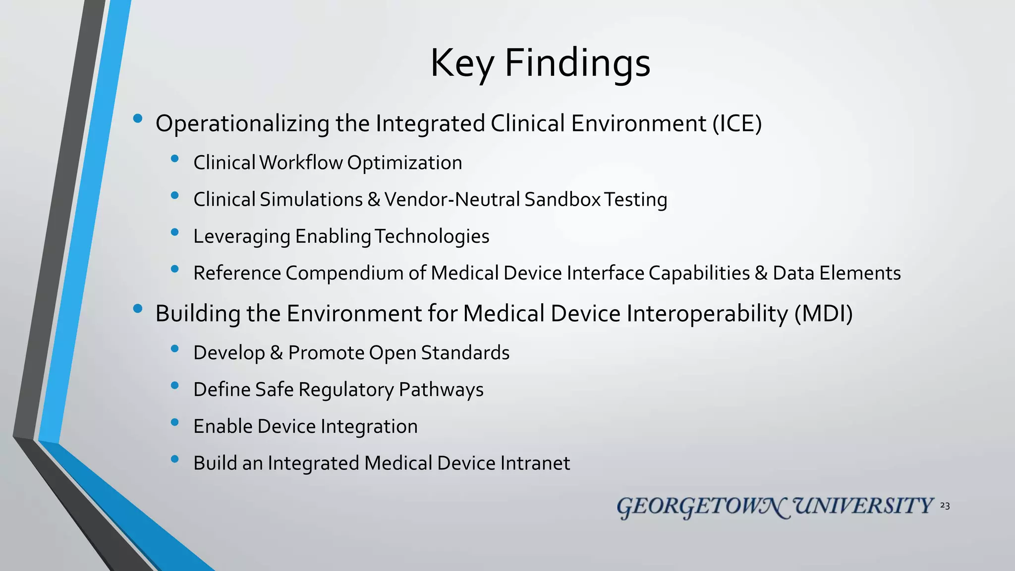 Key Findings
• Operationalizing the Integrated Clinical Environment (ICE)
• ClinicalWorkflow Optimization
• Clinical Simulations &Vendor-Neutral SandboxTesting
• Leveraging EnablingTechnologies
• Reference Compendium of Medical Device Interface Capabilities & Data Elements
• Building the Environment for Medical Device Interoperability (MDI)
• Develop & Promote Open Standards
• Define Safe Regulatory Pathways
• Enable Device Integration
• Build an Integrated Medical Device Intranet
23
 