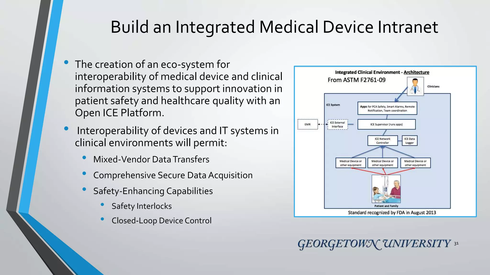 Build an Integrated Medical Device Intranet
• The creation of an eco-system for
interoperability of medical device and clinical
information systems to support innovation in
patient safety and healthcare quality with an
Open ICE Platform.
• Interoperability of devices and IT systems in
clinical environments will permit:
• Mixed-Vendor DataTransfers
• Comprehensive Secure Data Acquisition
• Safety-Enhancing Capabilities
• Safety Interlocks
• Closed-Loop Device Control
31
 