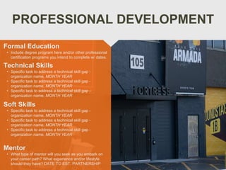 PROFESSIONAL DEVELOPMENT
Mentor
• What type of mentor will you seek as you embark on
your career path? What experience and/or lifestyle
should they have? DATE TO EST. PARTNERSHIP
Formal Education
• Include degree program here and/or other professional
certification programs you intend to complete w/ dates.
Technical Skills
• Specific task to address a technical skill gap -
organization name, MONTH YEAR
• Specific task to address a technical skill gap -
organization name, MONTH YEAR
• Specific task to address a technical skill gap -
organization name, MONTH YEAR
Soft Skills
• Specific task to address a technical skill gap -
organization name, MONTH YEAR
• Specific task to address a technical skill gap -
organization name, MONTH YEAR
• Specific task to address a technical skill gap -
organization name, MONTH YEAR
 