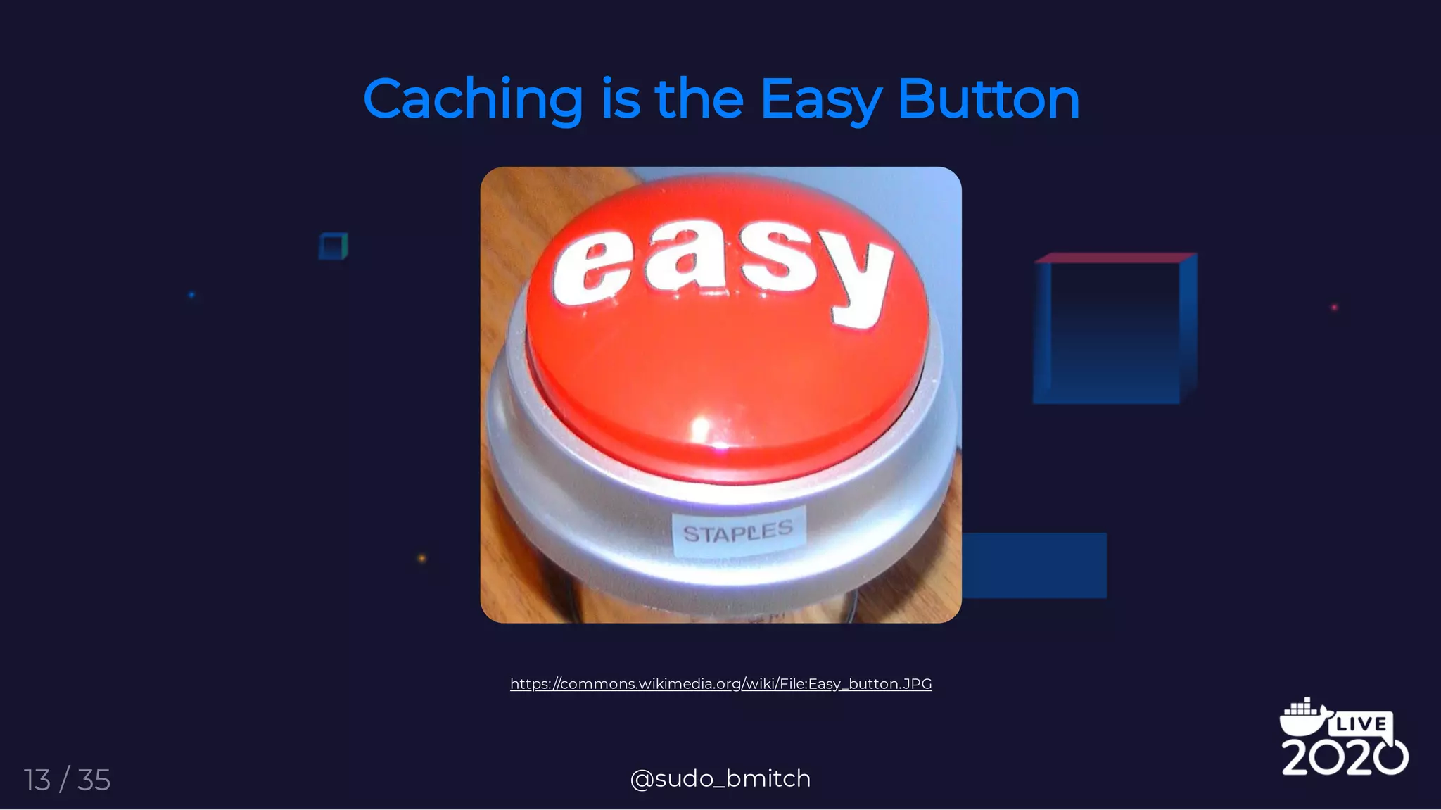 Caching is the Easy Button
https://commons.wikimedia.org/wiki/File:Easy_button.JPG
@sudo_bmitch13 / 35
 