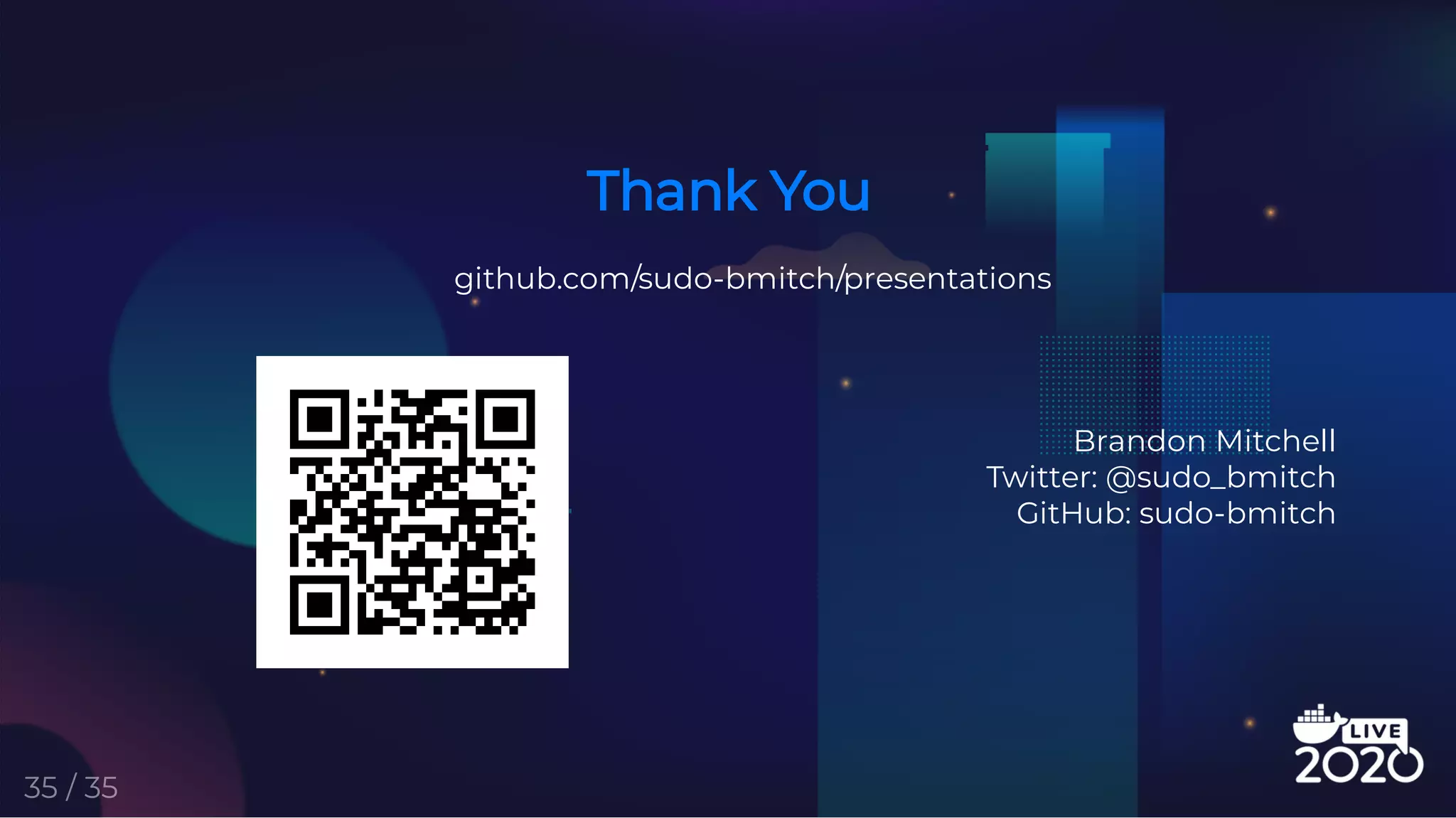 Brandon Mitchell
Twitter: @sudo_bmitch
GitHub: sudo-bmitch
Thank You
github.com/sudo-bmitch/presentations
35 / 35
 