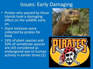 Issues: Early Damaging
• Pirates who passed by these
  Islands took a damaging
  effect on the wildlife early
  on.
• Giant tortoises were
  collected by pirates for
  food.
• 24% of plant species and
  50% of vertebrate species
  are still considered as
  endangered due to human
  activity in earlier times.(1)
 