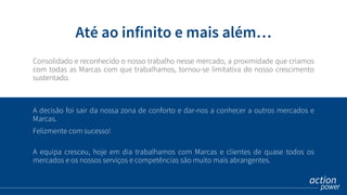 A decisão foi sair da nossa zona de conforto e dar-nos a conhecer a outros mercados e
Marcas.
Felizmente com sucesso!
A equipa cresceu, hoje em dia trabalhamos com Marcas e clientes de quase todos os
mercados e os nossos serviços e competências são muito mais abrangentes.
Até ao infinito e mais além…
Consolidado e reconhecido o nosso trabalho nesse mercado, a proximidade que criamos
com todas as Marcas com que trabalhamos, tornou-se limitativa do nosso crescimento
sustentado.
 