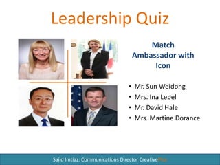 Leadership Quiz
Sajid Imtiaz: Communications Director CreativePlus
Match
Ambassador with
Icon
• H.E. Mr. Sun Weidong
• H.E. Mrs. Ina Lepel
• H.E. Mr. David Hale
• H.E. Mrs. Martine
Dorance
 