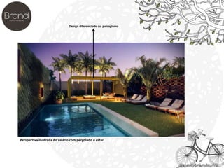 Design diferenciado no paisagismo 
Perspectiva ilustrada do salário com pergolado e estar 
 