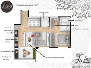 Planta opção sala ampliada – 55m² 
Previsão de 
aquecimento de 
água 
Cooktop 
elétrico 
KIT bancada e pia 
Previsão para 
lava e seca 
Opção de lavabo 
Banheira (KIT) 
Closet 
Água quente no lavatório 
Sala ampla integrada com terraço 
 