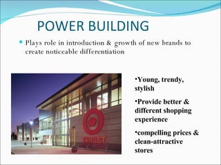 POWER BUILDING  Plays role in introduction & growth of new brands to create noticeable differentiation  Young, trendy, stylish Provide better & different   shopping experience compelling prices & clean-attractive stores  