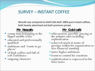 SURVEY – INSTANT COFFEE Nescafe was compared to Gold Cafe-both 100% pure instant coffees, both heavily advertised and both premium-priced. Mr. Nescafe young man belonging to the Upper middle Class  educated and professionally qualified  ambitious and ‘wants to go places’  of high caliber and full of self-confidence  outgoing character   Mr. Gold café older person, possibly graying at the temples and excluding sophistication  achieved much in terms of prestige within his organization as also financial standing  nurse higher ambitions  learnt to control his emotions  sophistication is expressed in his finer tastes  