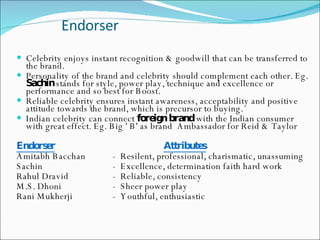 Endorser  Celebrity enjoys instant recognition & goodwill that can be transferred to the brand.  Personality of the brand and celebrity should complement each other. Eg.  Sachin  stands for style, power play, technique and excellence or performance and so best for Boost.  Reliable celebrity ensures instant awareness, acceptability and positive attitude towards the brand, which is precursor to buying. Indian celebrity can connect  foreign brand  with the Indian consumer with great effect. Eg. Big ' B' as brand  Ambassador for Reid & Taylor  Endorser                           Attributes Amitabh Bacchan       -  Resilent, professional, charismatic, unassuming Sachin                     -  Excellence, determination faith hard work Rahul Dravid              -  Reliable, consistency M.S. Dhoni                -  Sheer power play Rani Mukherji             -  Youthful, enthusiastic 