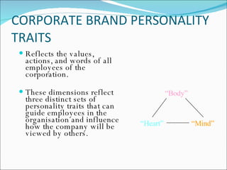 CORPORATE BRAND PERSONALITY TRAITS  Reflects the values, actions, and words of all employees of the corporation.  These dimensions reflect three distinct sets of personality traits that can guide employees in the organisation and influence how the company will be viewed by others.  “ Body” “ Heart” “ Mind” 