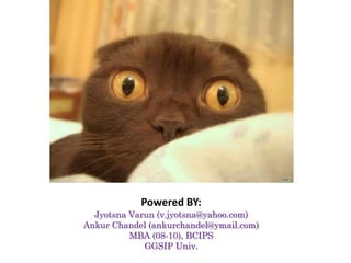 Powered BY:
  Jyotsna Varun (v.jyotsna@yahoo.com)
Ankur Chandel (ankurchandel@ymail.com)
          MBA (08-10), BCIPS
             GGSIP Univ.
 