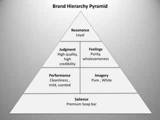 Brand Hierarchy Pyramid



                Resonance
                  Loyal


      Judgment          Feelings
     High quality,       Purity,
         high        wholesomeness
      credibility

Performance                   Imagery
Cleanliness ,               Pure , White
mild, scented


              Salience
          Premium Soap bar
 