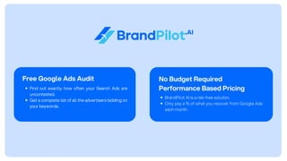 Free Google Ads Audit
Find out exactly how often your Search Ads are
uncontested.
Get a complete list of all the advertisers bidding on
your keywords.
No Budget Required
Performance Based Pricing
BrandPilot AI is a risk-free solution.
Only pay a % of what you recover from Google Ads
each month.
 