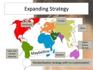 Expanding Strategy
                                            Europe
            Americans
                                                              China




                                                                Japan,
                                                                Korea,
                                                                SE Asia
Latin and
 Central                                  Oceania
America

                        Standardization strategy with no customization
 
