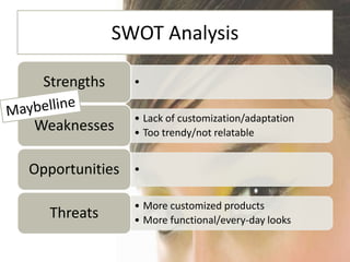 SWOT Analysis

  Strengths     ?


                ? Lack of customization/adaptation
Weaknesses      ? Too trendy/not relatable


Opportunities   ?


                ? More customized products
   Threats      ? More functional/every-day looks
 
