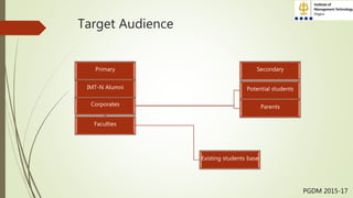 Target Audience
Corporates Parents
Potential students
Faculties
Existing students base
IMT-N Alumni
Primary Secondary
PGDM 2015-17
 