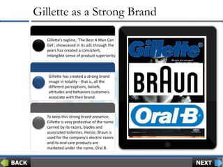Gillette as a Strong Brand
To keep this strong brand presence,
Gillette is very protective of the name
carried by its razo...