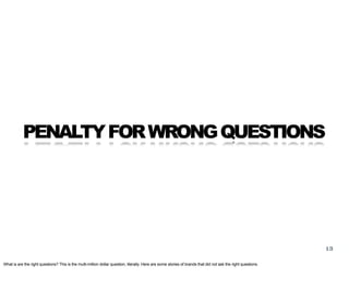 PENALTY FOR WRONG QUESTIONS




                                                                                                                                                               13

What is are the right questions? This is the multi-million dollar question, literally. Here are some stories of brands that did not ask the right questions.
 