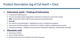 Product Description (eg of Cef Axetil + Clav)
 Cefuroxime axetil – Prodrug of Cefuroxime
 2nd generation Cephalosporin
 The only second-generation Cephalosporin with both an intravenous and oral formulation
 MOA - Bactericidal - Binds to PBP & causes bacterial cell wall destruction
 Coverage -
 Skin infection causing pathogens - Staphylococcus aureus, Streptoccocus pyogenes
 Urinary tract infection pathogens- Escherichia coli, Proteus mirabilis, and Klebseilla pneumoniae
 Respiratory pathogens - Streptococcus pneumoniae, Haemophilus influenzae, and Moraxella catarrhalis
 Clavulanic acid
 B-lactamase inhibitor
 Acts as suicide inhibitors
 Prevents Cefuroxime from hydrolysis from beta-lactamases
 