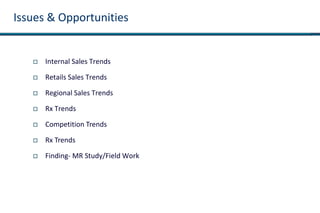 Issues & Opportunities
 Internal Sales Trends
 Retails Sales Trends
 Regional Sales Trends
 Rx Trends
 Competition Trends
 Rx Trends
 Finding- MR Study/Field Work
 