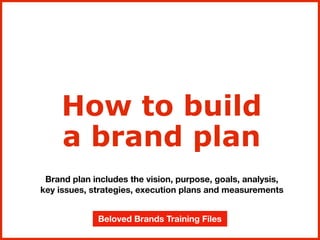 Brand plan includes the vision, purpose, goals, analysis,
key issues, strategies, execution plans and measurements
How to build
a brand plan
Beloved Brands Training Files
 