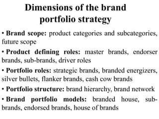 Dimensions of the brand
portfolio strategy
• Brand scope: product categories and subcategories,
future scope
• Product defining roles: master brands, endorser
brands, sub-brands, driver roles
• Portfolio roles: strategic brands, branded energizers,
silver bullets, flanker brands, cash cow brands
• Portfolio structure: brand hierarchy, brand network
• Brand portfolio models: branded house, sub-
brands, endorsed brands, house of brands
 