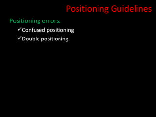 Positioning Guidelines
Positioning errors:
  Confused positioning
  Double positioning
 