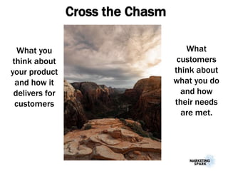Cross the Chasm
What you
think about
your product
and how it
delivers for
customers
What
customers
think about
what you do
and how
their needs
are met.
 