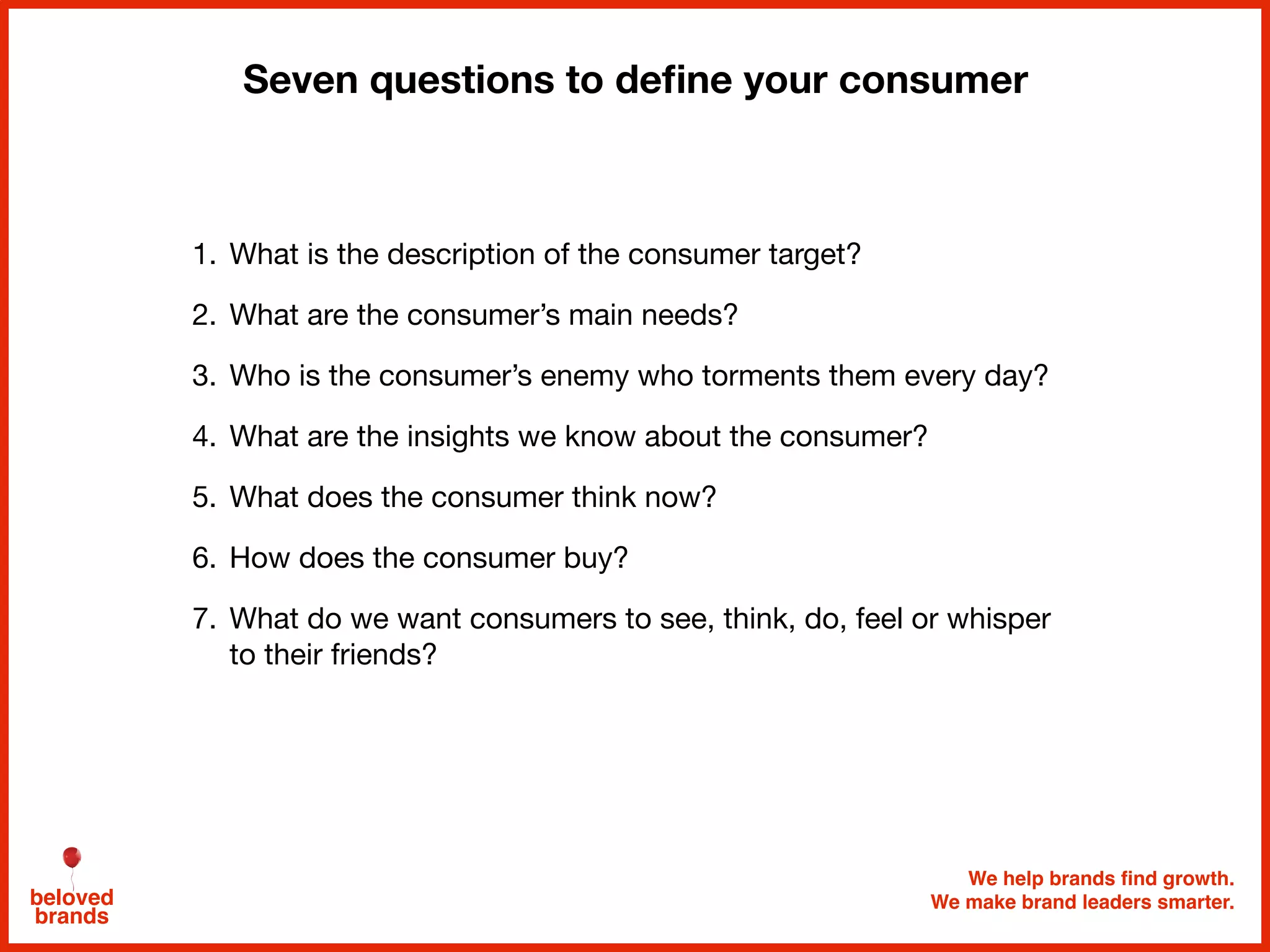 We help brands find growth.
We make brand leaders smarter.beloved
brands
Seven questions to deﬁne your consumer
1. What is the description of the consumer target?

2. What are the consumer’s main needs?

3. Who is the consumer’s enemy who torments them every day?

4. What are the insights we know about the consumer?

5. What does the consumer think now?

6. How does the consumer buy?

7. What do we want consumers to see, think, do, feel or whisper
to their friends?
 