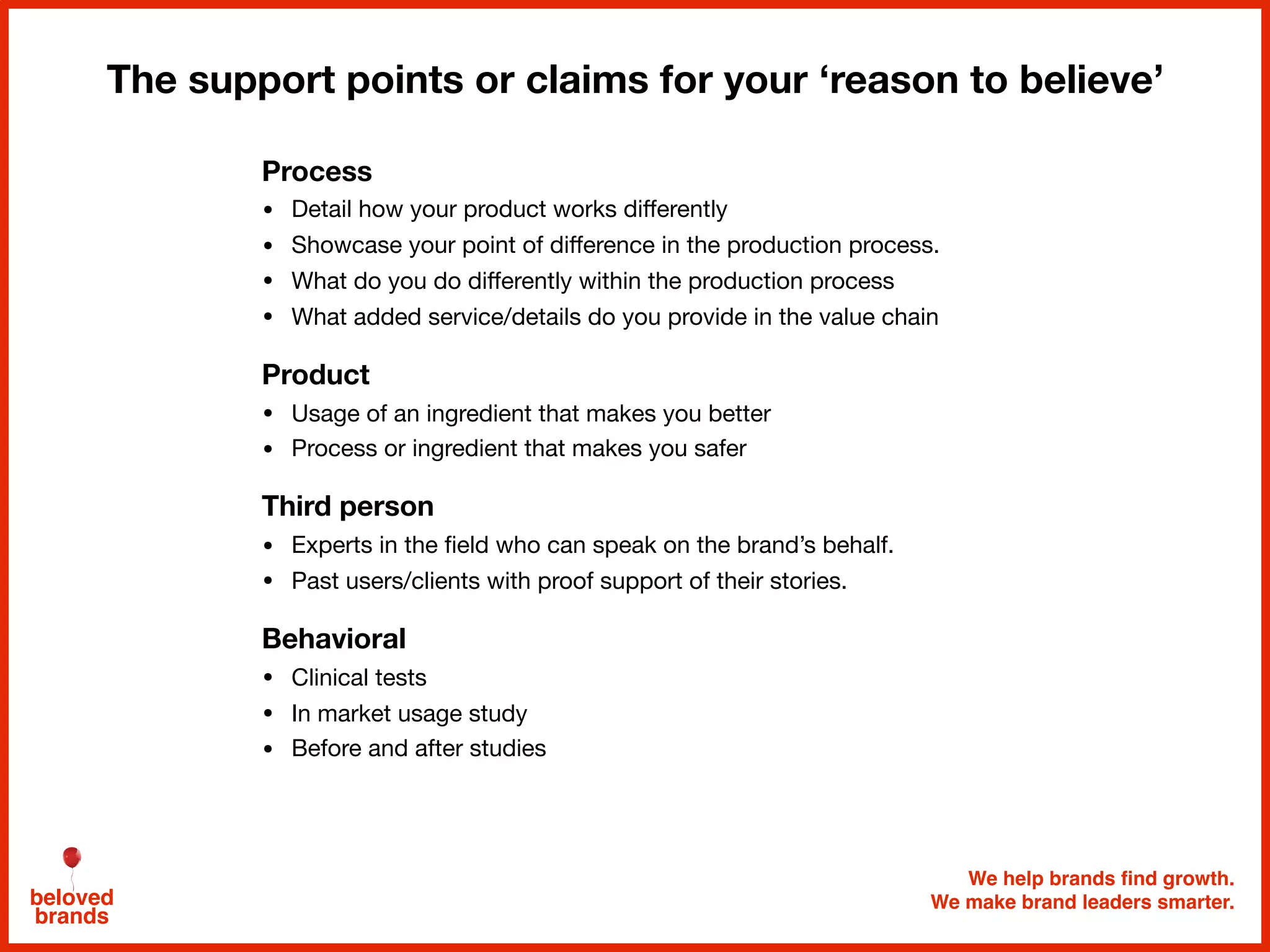 We help brands find growth.
We make brand leaders smarter.beloved
brands
The support points or claims for your ‘reason to believe’
Process
• Detail how your product works diﬀerently

• Showcase your point of diﬀerence in the production process.

• What do you do diﬀerently within the production process

• What added service/details do you provide in the value chain

Product
• Usage of an ingredient that makes you better

• Process or ingredient that makes you safer

Third person
• Experts in the ﬁeld who can speak on the brand’s behalf.

• Past users/clients with proof support of their stories.

Behavioral
• Clinical tests

• In market usage study

• Before and after studies
 