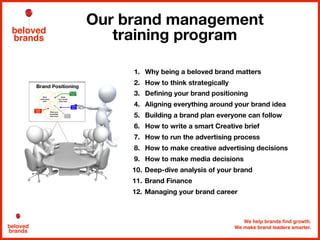 We help brands find growth.
We make brand leaders smarter.beloved
brands
Our brand management
training program
1. Why being a beloved brand matters
2. How to think strategically
3. Defining your brand positioning
4. Aligning everything around your brand idea
5. Building a brand plan everyone can follow
6. How to write a smart Creative brief
7. How to run the advertising process
8. How to make creative advertising decisions
9. How to make media decisions
10. Deep-dive analysis of your brand
11. Brand Finance
12. Managing your brand career
Brand Positioning
beloved
brands
 