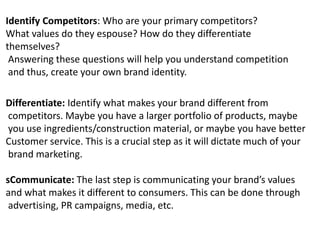 Differentiate: Identify what makes your brand different from
competitors. Maybe you have a larger portfolio of products, maybe
you use ingredients/construction material, or maybe you have better
Customer service. This is a crucial step as it will dictate much of your
brand marketing.
sCommunicate: The last step is communicating your brand’s values
and what makes it different to consumers. This can be done through
advertising, PR campaigns, media, etc.
Identify Competitors: Who are your primary competitors?
What values do they espouse? How do they differentiate
themselves?
Answering these questions will help you understand competition
and thus, create your own brand identity.
 