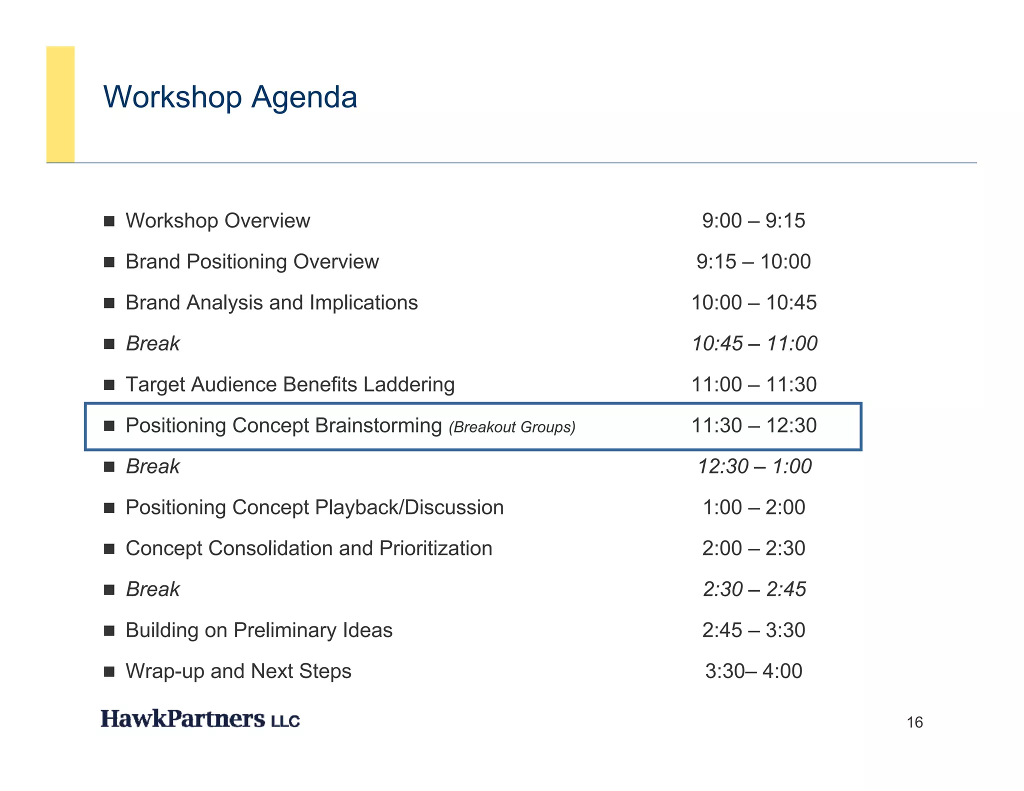 Workshop Agenda


 Workshop Overview                                      9:00 – 9:15
 Brand Positioning Overview                            9:15 – 10:00
 Brand Analysis and Implications                       10:00 – 10:45
 Break                                                 10:45 – 11:00
 Target Audience Benefits Laddering                    11:00 – 11:30
 Positioning Concept Brainstorming (Breakout Groups)   11:30 – 12:30
 Break                                                 12:30 – 1:00
 Positioning Concept Playback/Discussion                1:00 – 2:00
 Concept Consolidation and Prioritization               2:00 – 2:30
 Break                                                  2:30 – 2:45
 Building on Preliminary Ideas                          2:45 – 3:30
 Wrap-up and Next Steps                                 3:30– 4:00

                                                                        16
 