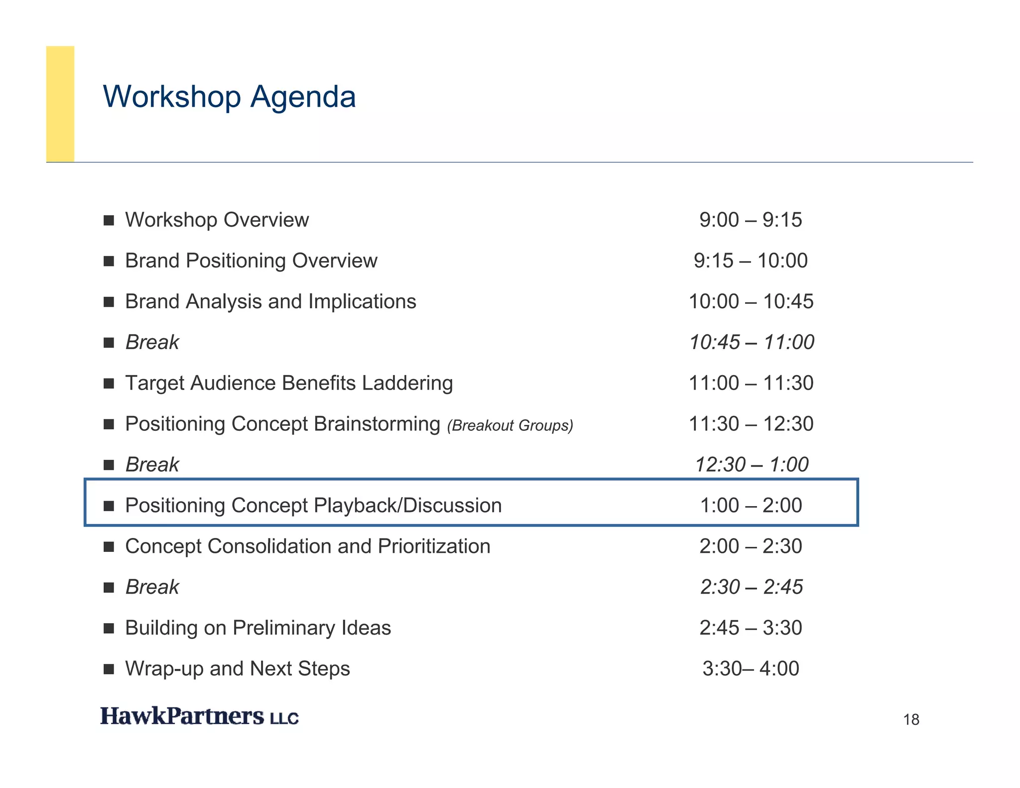 Workshop Agenda


 Workshop Overview                                      9:00 – 9:15
 Brand Positioning Overview                            9:15 – 10:00
 Brand Analysis and Implications                       10:00 – 10:45
 Break                                                 10:45 – 11:00
 Target Audience Benefits Laddering                    11:00 – 11:30
 Positioning Concept Brainstorming (Breakout Groups)   11:30 – 12:30
 Break                                                 12:30 – 1:00
 Positioning Concept Playback/Discussion                1:00 – 2:00
 Concept Consolidation and Prioritization               2:00 – 2:30
 Break                                                  2:30 – 2:45
 Building on Preliminary Ideas                          2:45 – 3:30
 Wrap-up and Next Steps                                 3:30– 4:00

                                                                        18
 